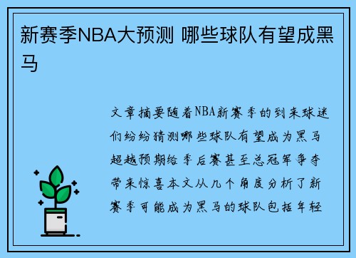 新赛季NBA大预测 哪些球队有望成黑马